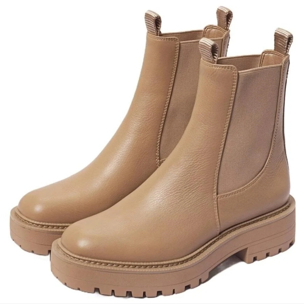 Sam Edelman Laguna Chelsea Boots Lug Sole Waterproof Pull-On‎ Leather Beige 9W